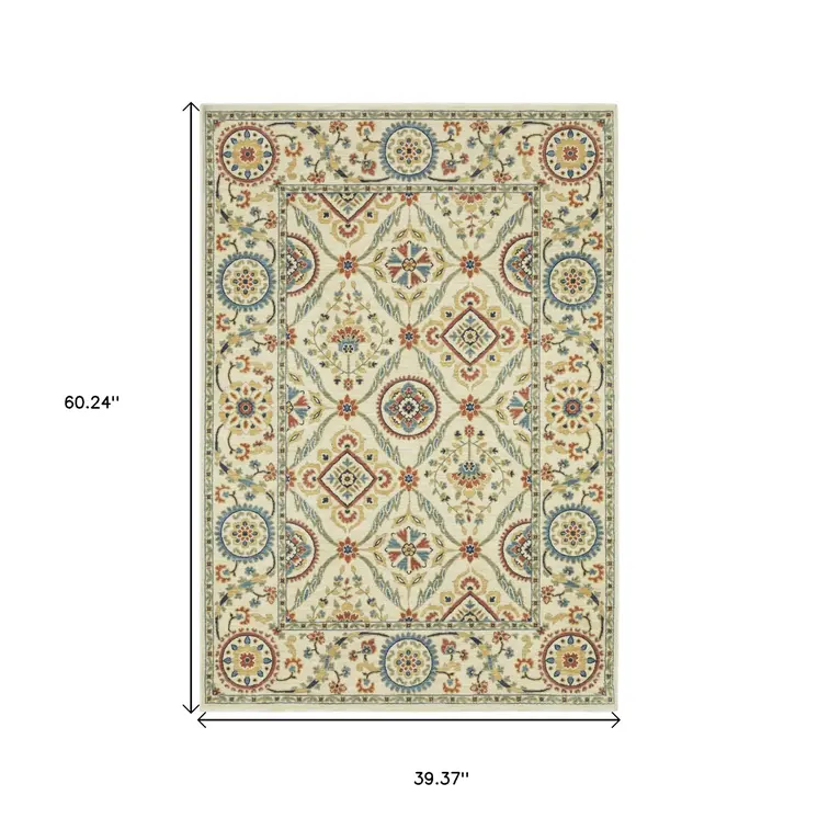 3' X 5' Ivory Blue And Burnt Orange Oriental Area Rug With Fringe