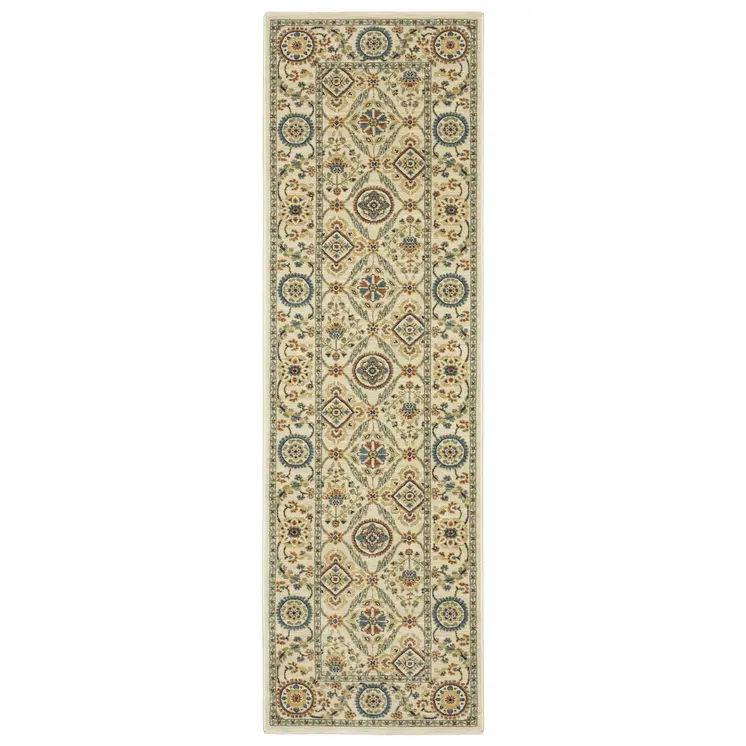 8' Ivory Blue And Burnt Orange Oriental Runner Rug With Fringe