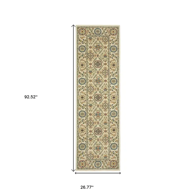 8' Ivory Blue And Burnt Orange Oriental Runner Rug With Fringe