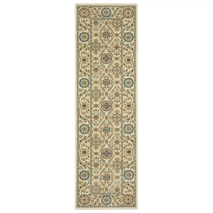 8' Ivory Blue And Burnt Orange Oriental Runner Rug With Fringe