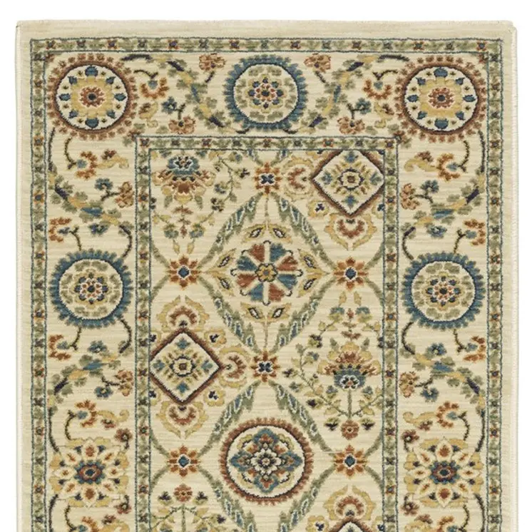 8' Ivory Blue And Burnt Orange Oriental Runner Rug With Fringe