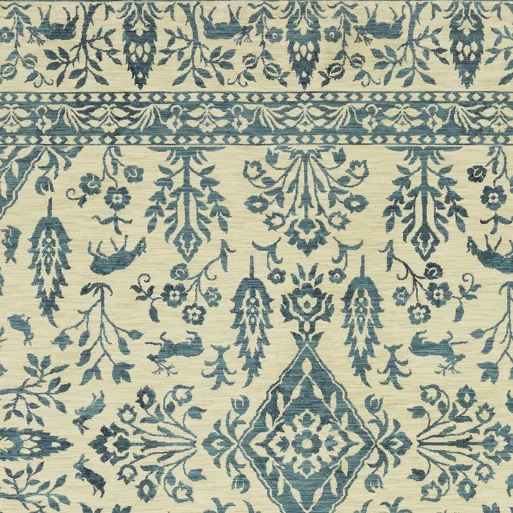 3' X 5' Ivory And Blue Oriental Area Rug With Fringe