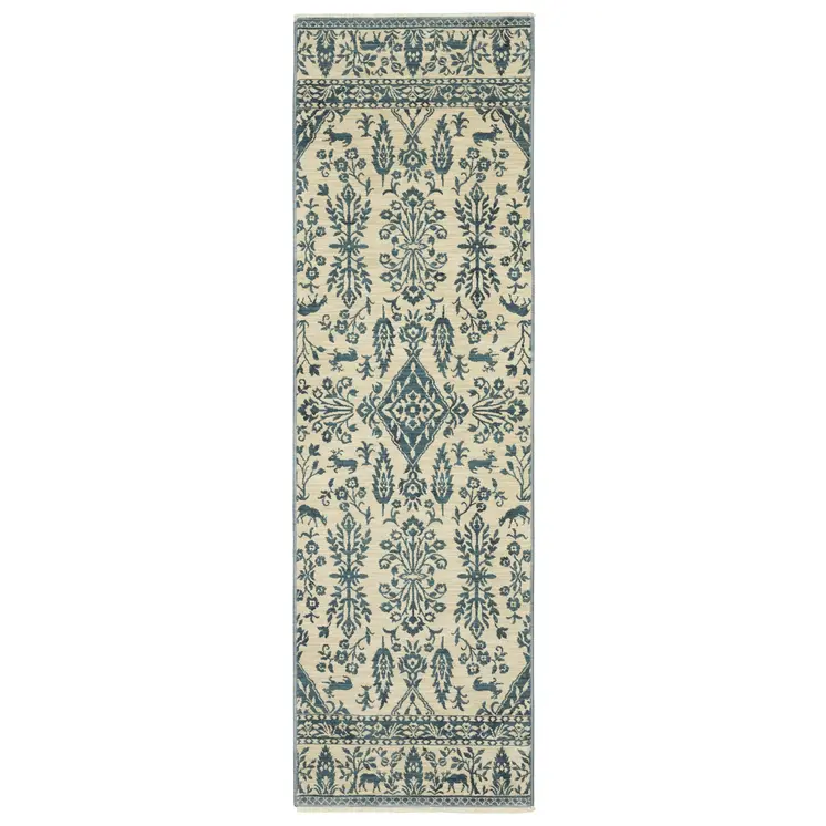 8' Ivory And Blue Oriental Runner Rug With Fringe