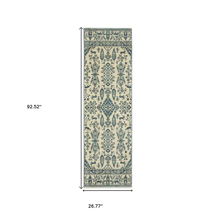 8' Ivory And Blue Oriental Runner Rug With Fringe