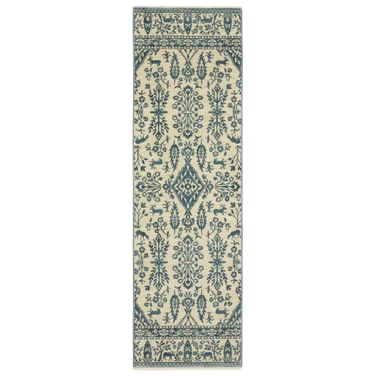 8' Ivory And Blue Oriental Runner Rug With Fringe