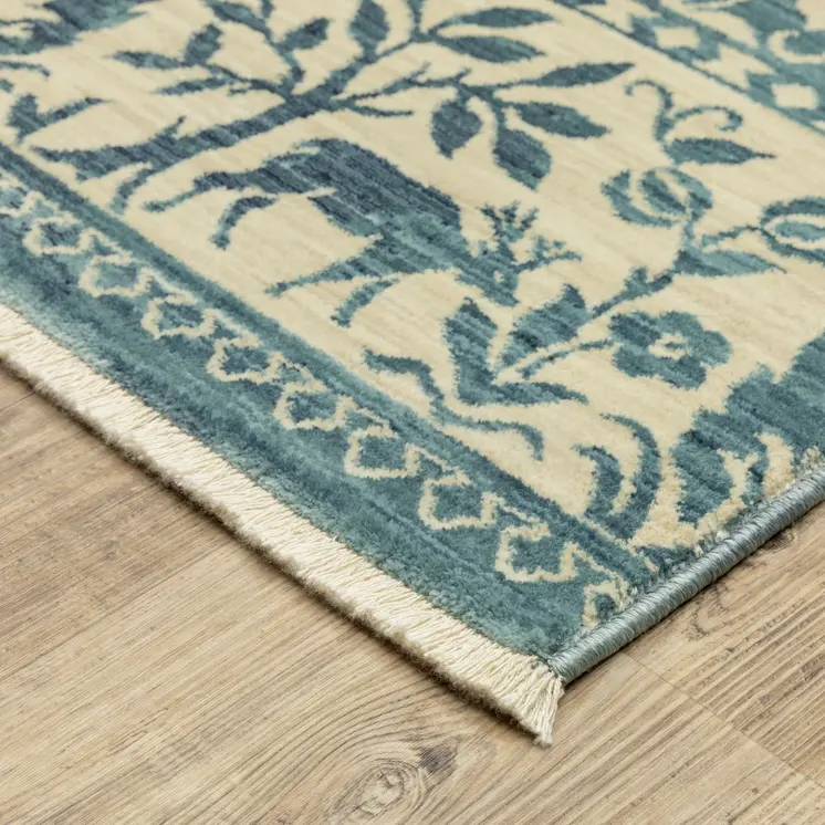 8' Ivory And Blue Oriental Runner Rug With Fringe