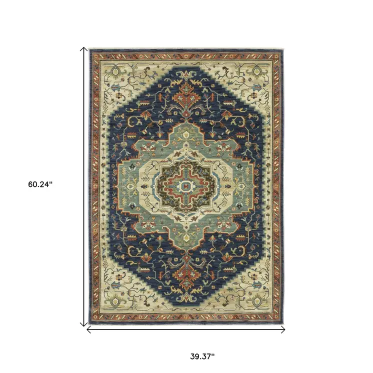 3' X 5' Blue Ivory And Gray Oriental Area Rug With Fringe