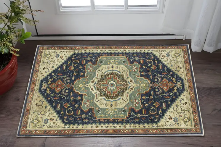 3' X 5' Blue Ivory And Gray Oriental Area Rug With Fringe