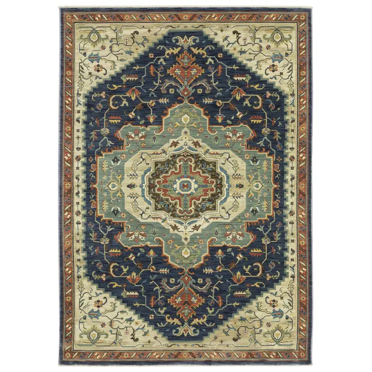 3' X 5' Blue Ivory And Gray Oriental Area Rug With Fringe