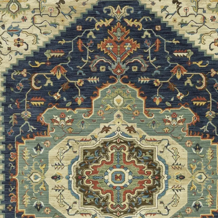 3' X 5' Blue Ivory And Gray Oriental Area Rug With Fringe