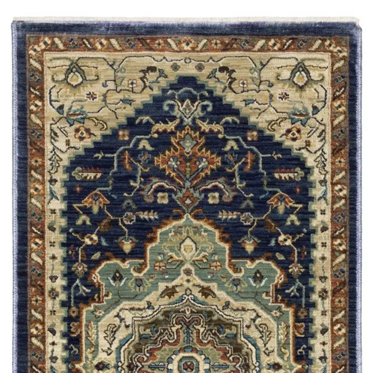 8' Blue Ivory And Gray Oriental Runner Rug With Fringe