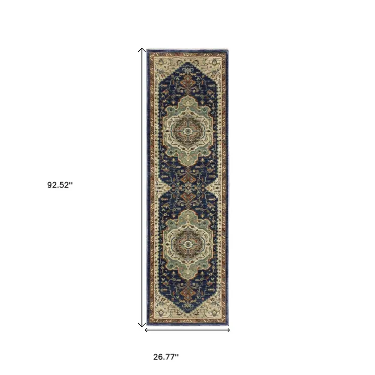 8' Blue Ivory And Gray Oriental Runner Rug With Fringe