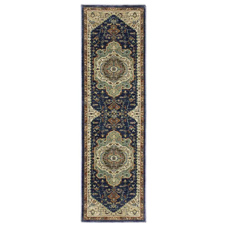 8' Blue Ivory And Gray Oriental Runner Rug With Fringe