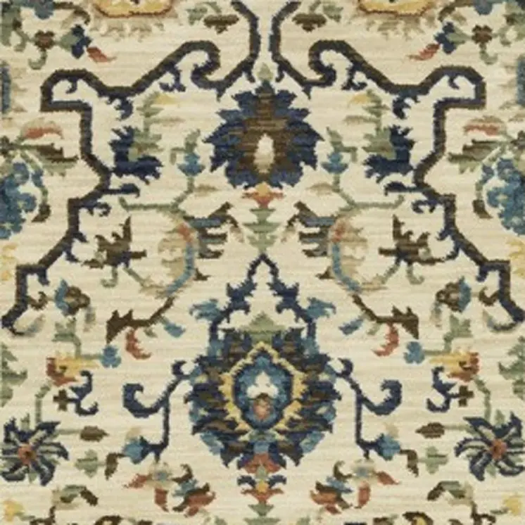 8' Ivory Blue And Brown Oriental Runner Rug With Fringe