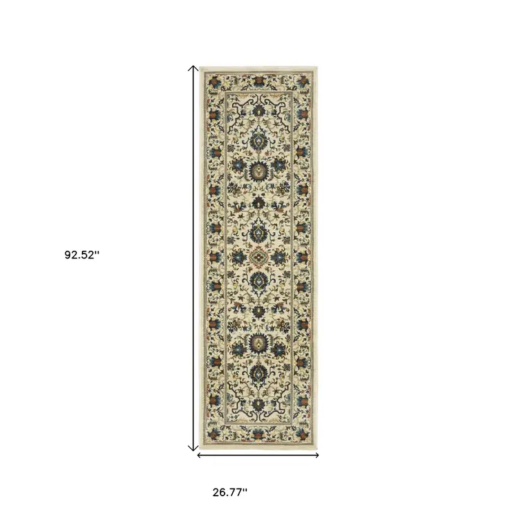 8' Ivory Blue And Brown Oriental Runner Rug With Fringe
