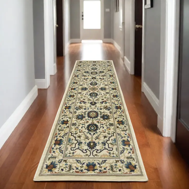 8' Ivory Blue And Brown Oriental Runner Rug With Fringe