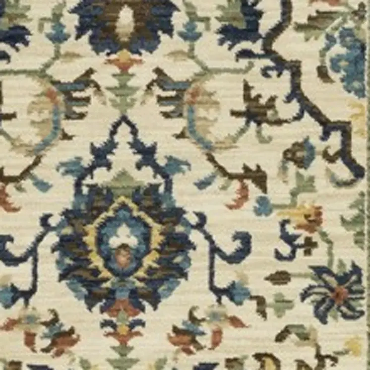 8' Ivory Blue And Brown Oriental Runner Rug With Fringe
