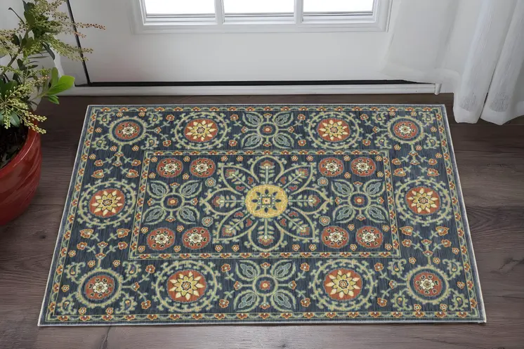 3' X 5' Blue And Rust Medallion Area Rug With Fringe