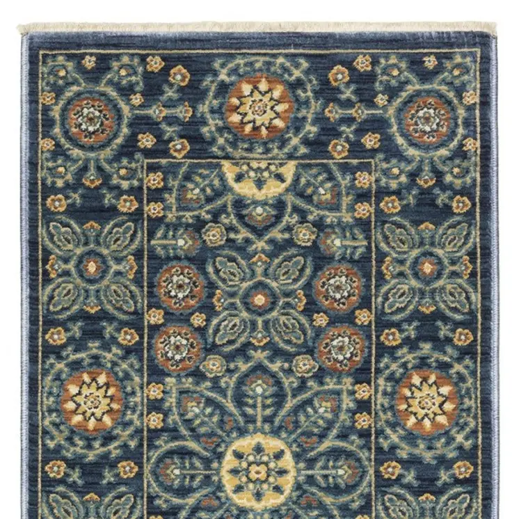 8' Blue And Rust Medallion Runner Rug With Fringe