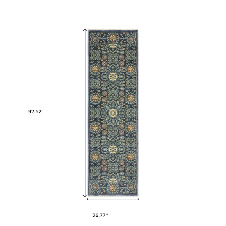 8' Blue And Rust Medallion Runner Rug With Fringe