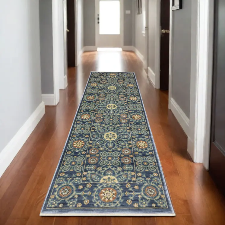 8' Blue And Rust Medallion Runner Rug With Fringe