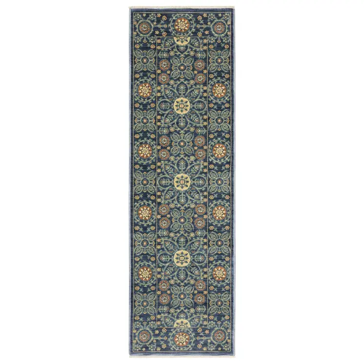 8' Blue And Rust Medallion Runner Rug With Fringe