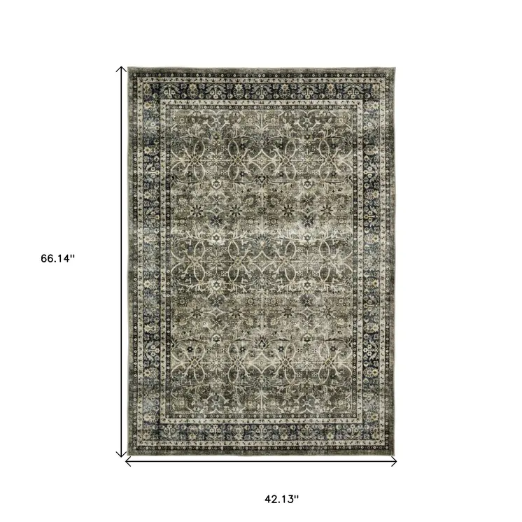 4' X 6' Charcoal And Blue Oriental Distressed Area Rug