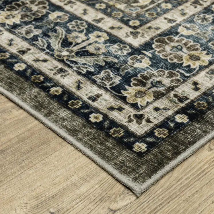 4' X 6' Charcoal And Blue Oriental Distressed Area Rug