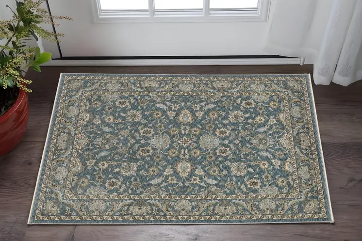 2' X 3' Blue And Beige Oriental Area Rug With Fringe