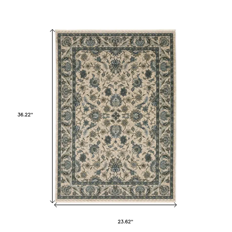 2' X 3' Beige And Blue Oriental Area Rug With Fringe