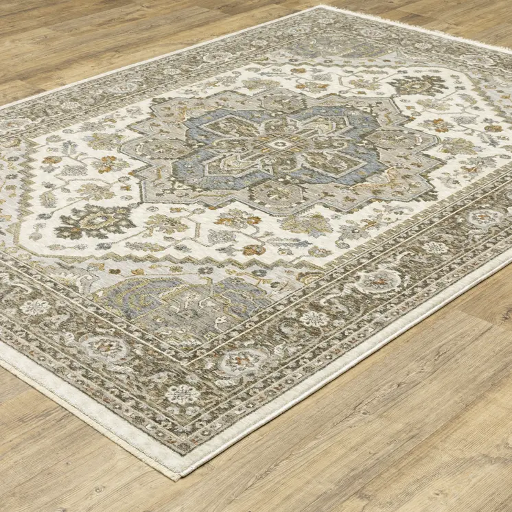2' X 3' Ivory And Gold Medallion Distressed Area Rug With Fringe