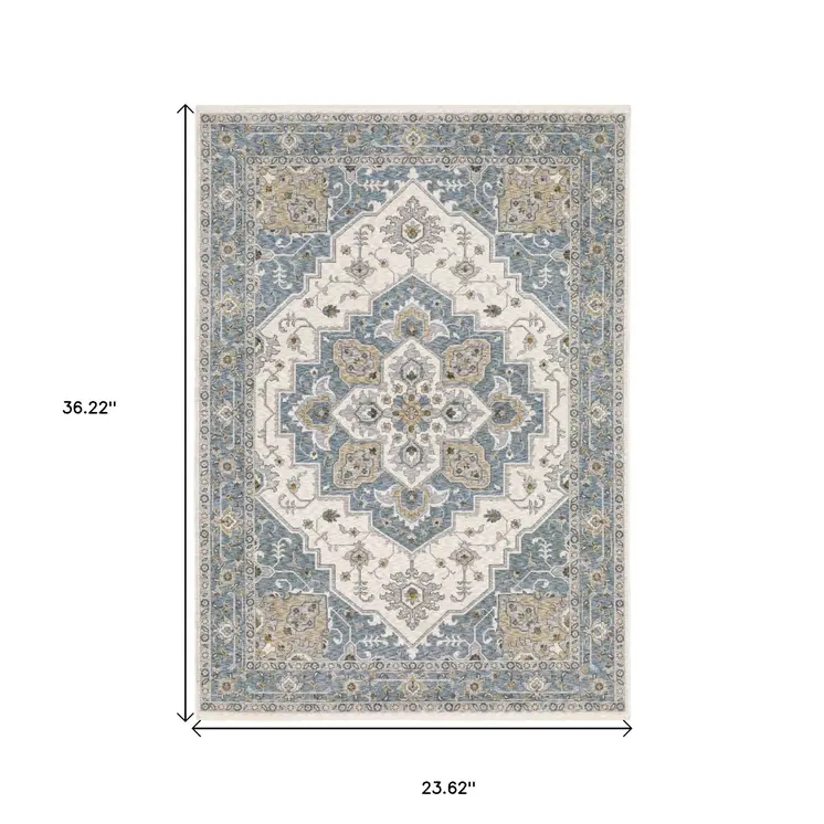 2' X 3' Blue And Ivory Medallion Distressed Area Rug With Fringe