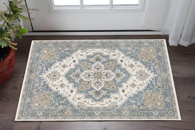 2' X 3' Blue And Ivory Medallion Distressed Area Rug With Fringe