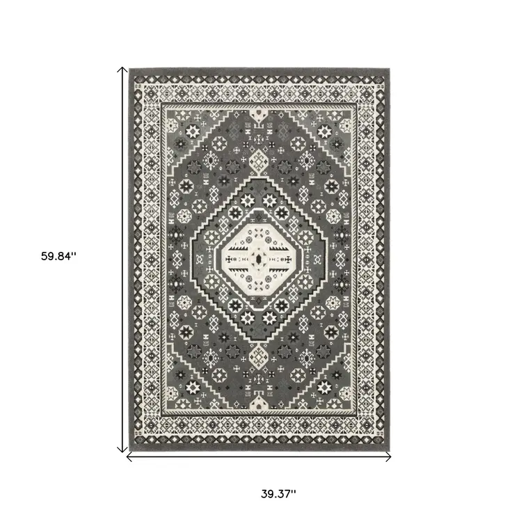3' X 5' Gray And Ivory Medallion Area Rug