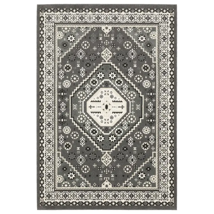 3' X 5' Gray And Ivory Medallion Area Rug