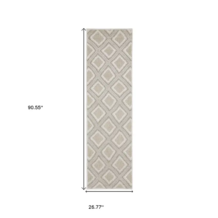 8' Gray And Beige Diamond Runner Rug