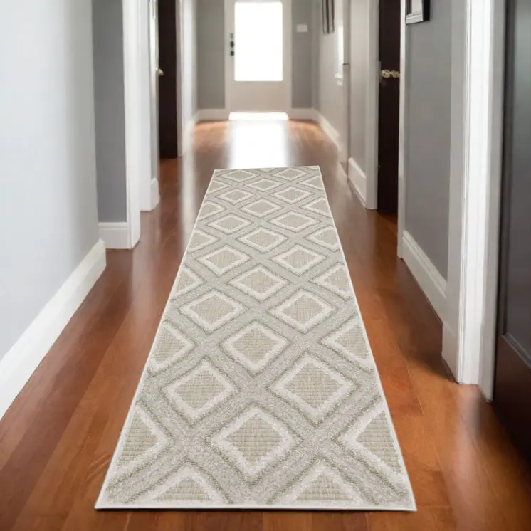8' Gray And Beige Diamond Runner Rug