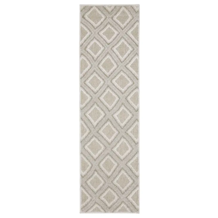 8' Gray And Beige Diamond Runner Rug