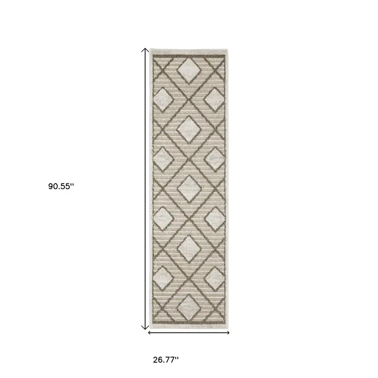 8' Beige And Brown Geometric Runner Rug