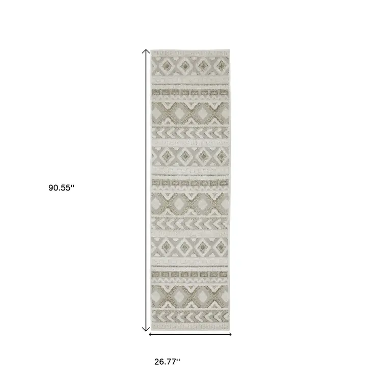 8' Gray And Beige Tribal Runner Rug