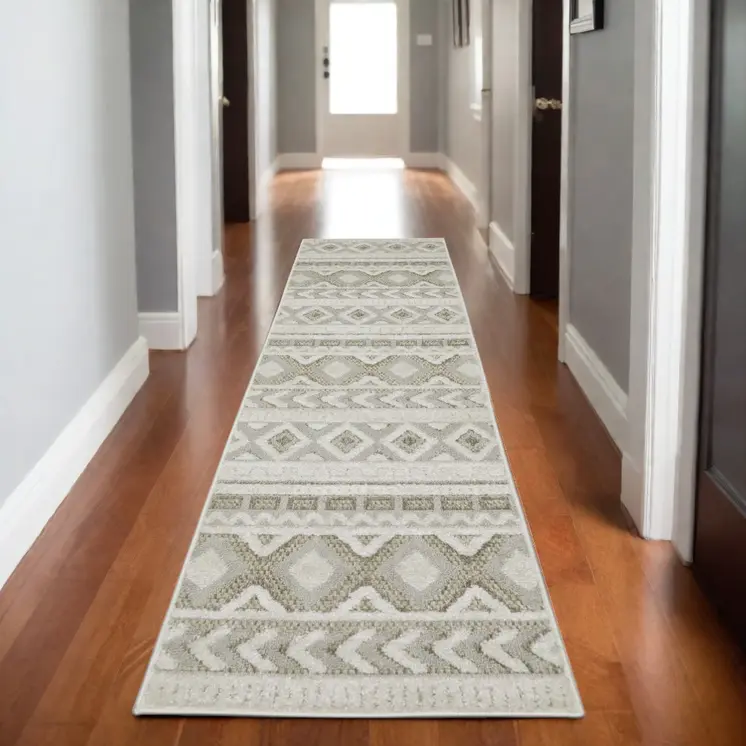 8' Gray And Beige Tribal Runner Rug