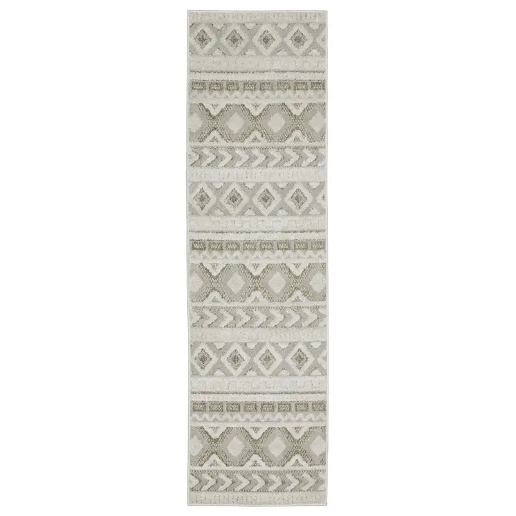 8' Gray And Beige Tribal Runner Rug