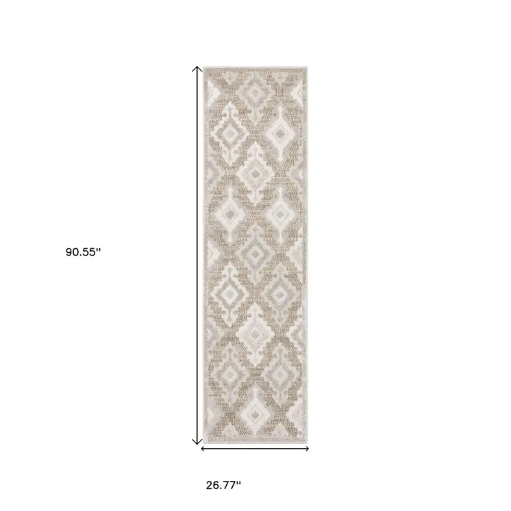 8' Beige And Gray Oriental Runner Rug