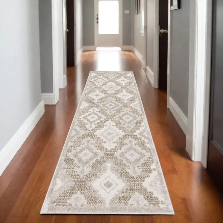 8' Beige And Gray Oriental Runner Rug