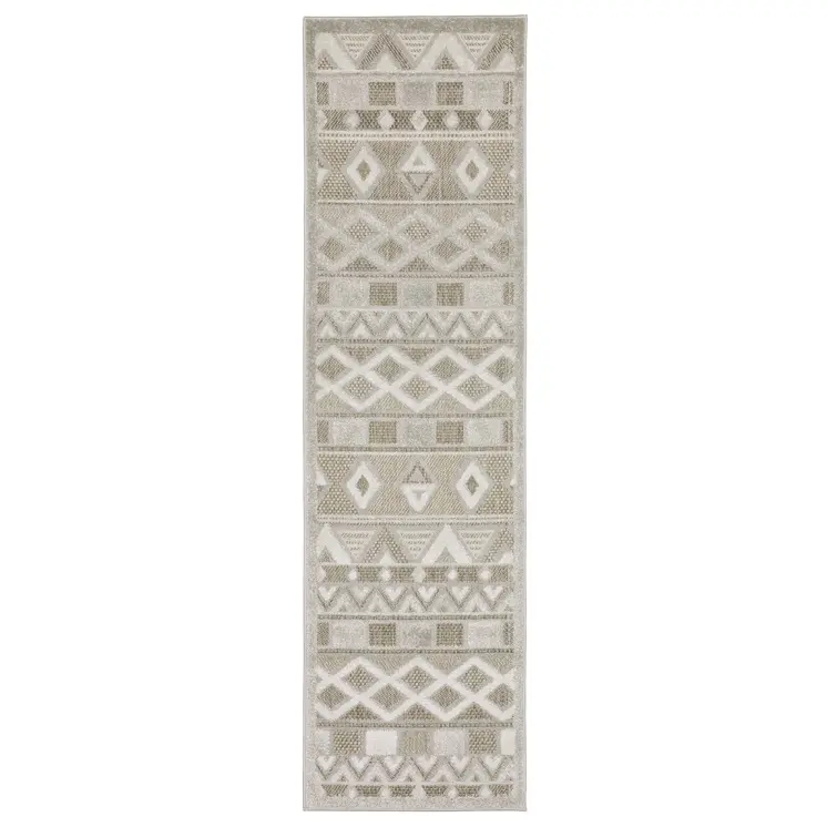 8' Beige And Gray Geometric Runner Rug