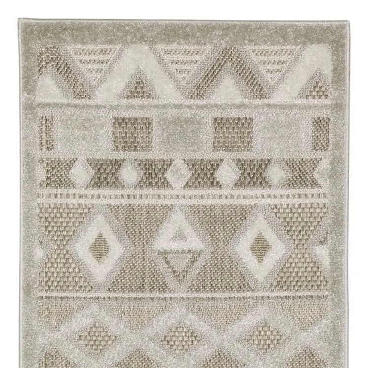 8' Beige And Gray Geometric Runner Rug