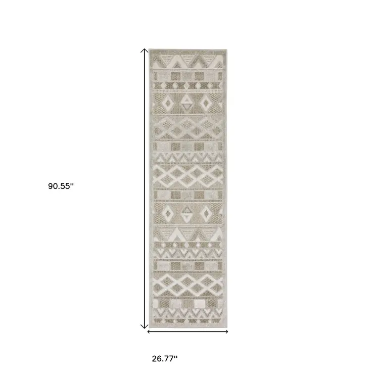 8' Beige And Gray Geometric Runner Rug