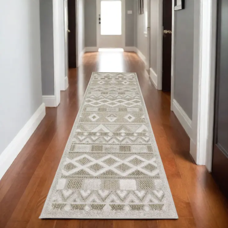 8' Beige And Gray Geometric Runner Rug
