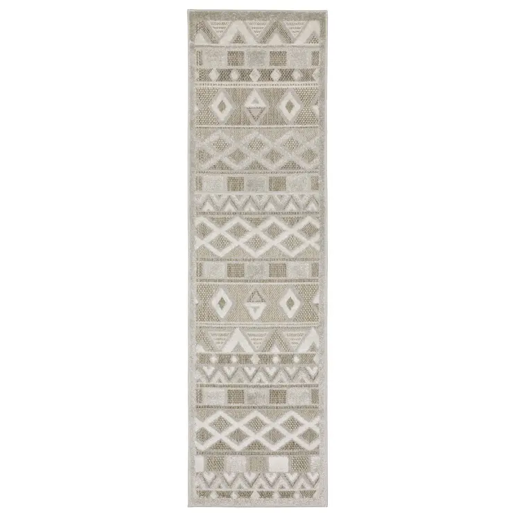 8' Beige And Gray Geometric Runner Rug