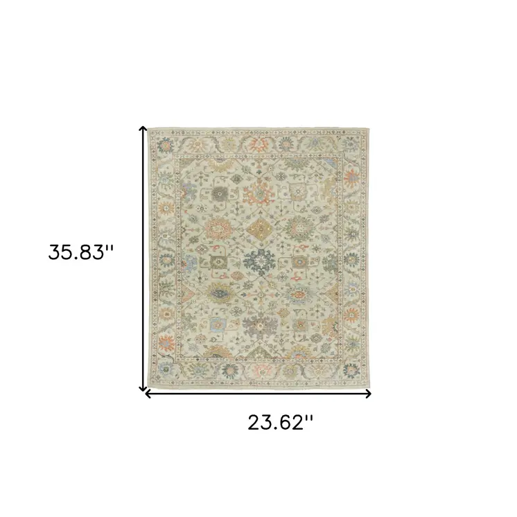2' X 3' Beige And Green Wool Oriental Hand Knotted Area Rug With Fringe